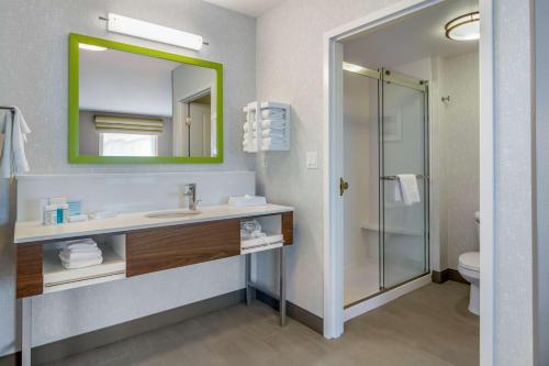 埃德蒙顿汉普顿酒店及套房埃德蒙顿/西的一间带水槽、镜子和淋浴的浴室