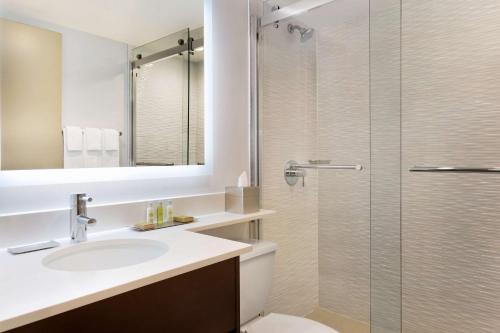 米西索加希尔顿逸林酒店多伦多机场西店的一间带水槽和淋浴的浴室