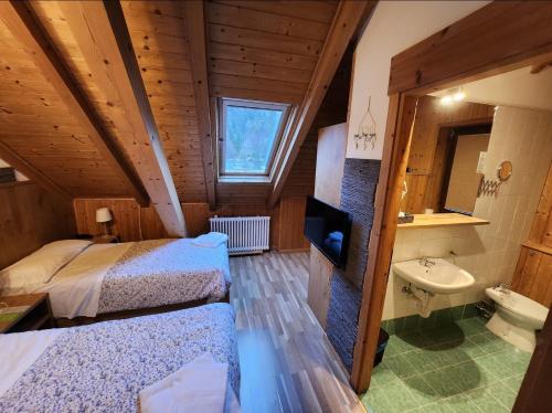 塔尔维西奥Hotel Tarvisio的一间卧室配有两张床和一个盥洗盆。
