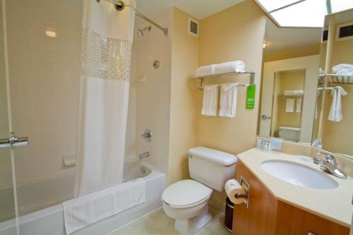 里士满温哥华机场/里奇蒙汉普顿酒店的浴室配有卫生间、盥洗盆和淋浴。