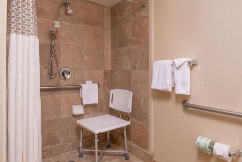 夏洛特Hampton Inn & Suites Charlotte Arrowood Rd的浴室内配有淋浴和椅子