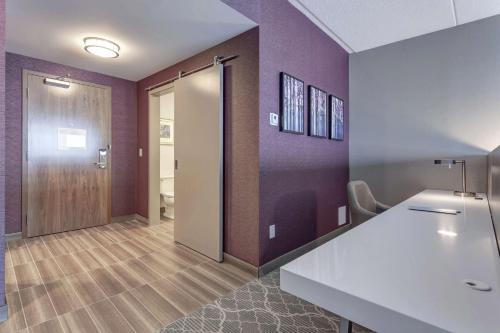 布兰普顿Hilton Garden Inn Toronto/Brampton West, Ontario, Canada的浴室设有紫色墙壁、水槽和卫生间