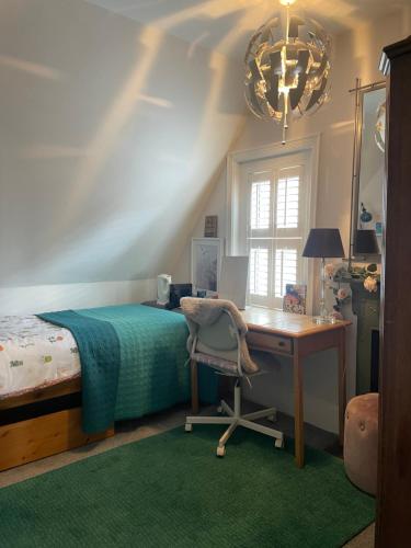 朴次茅斯The green house的一间卧室配有一张床、一张书桌和一个窗户。