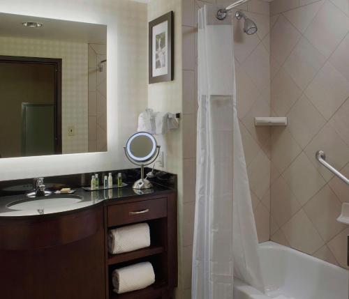 本顿维尔本顿维尔希尔顿逸林套房酒店的一间带水槽、浴缸和镜子的浴室