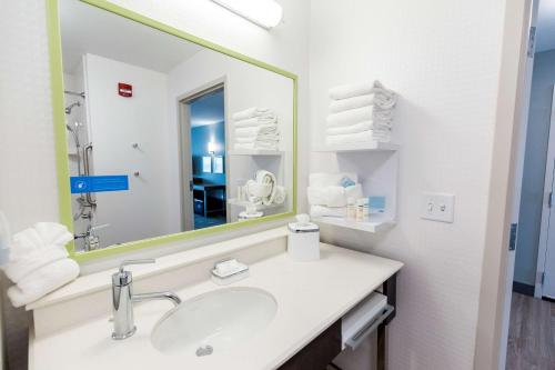 俾斯麦俾斯麦汉普顿酒店的一间带水槽和大镜子的浴室