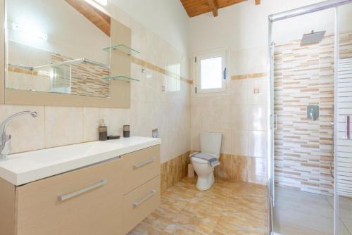 罗达Villa Popi的一间带水槽、卫生间和淋浴的浴室