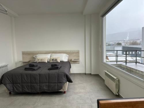 乌斯怀亚Jainen Apartamentos的一间卧室设有一张床和一个大窗户