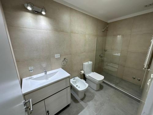 乌斯怀亚Jainen Apartamentos的一间带水槽、卫生间和淋浴的浴室