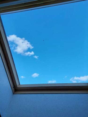 ŽabičiūnaiVasaknų dvaras的蓝色天空客房的窗户
