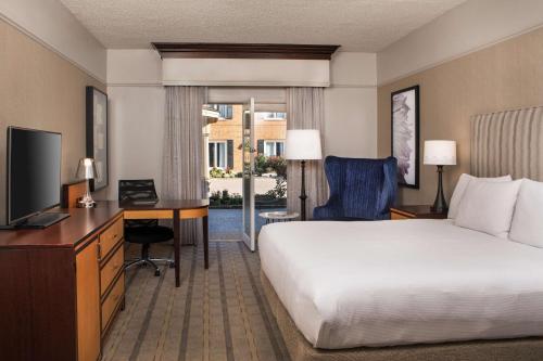 纽瓦克威尔明顿/克里斯蒂安娜希尔顿酒店的酒店客房配有一张床、一张书桌和一台电视。