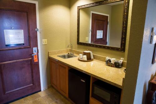 格林纳达格林纳达汉普顿酒店及套房的一间带水槽、镜子和门的浴室