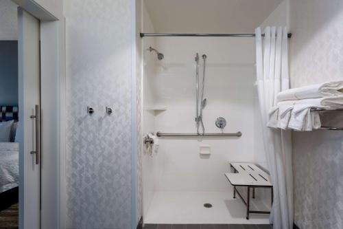 赫恩登赫恩登 - 雷斯顿汉普顿旅馆&套房的带淋浴的白色浴室和1张床
