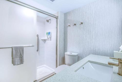 莫比尔提尔曼斯角Home2 Suites by Hilton Mobile West I-10 Tillmans Corner的带淋浴和卫生间的白色浴室