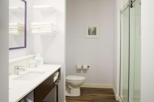 沃灵顿Hampton Inn & Suites Warrington Horsham的浴室配有卫生间、盥洗盆和淋浴。
