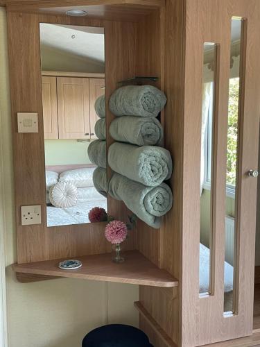 霍利黑德Sea View Fields Trearddur的浴室在镜子前摆放着毛巾