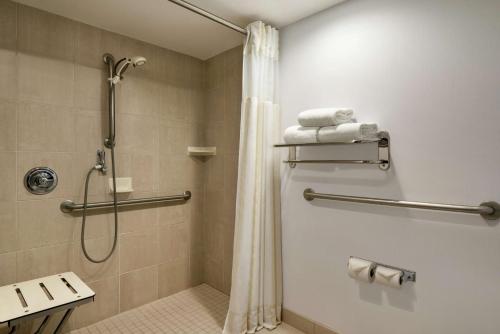 萨斯卡通萨斯卡通中心希尔顿花园酒店的带淋浴和浴帘的浴室