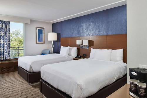 托伦斯托兰斯-南湾希尔顿逸林酒店的酒店客房设有两张床和窗户。