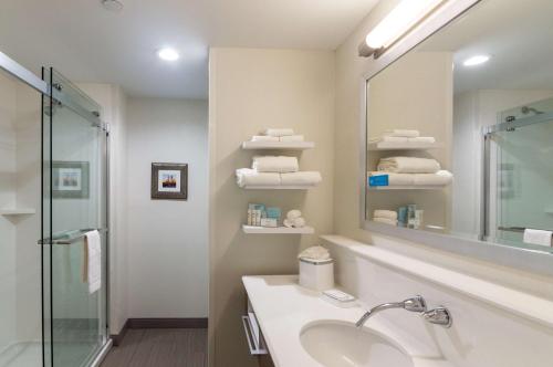 俄克拉何马城汉普顿酒店俄克拉荷马城东北的一间带水槽和镜子的浴室