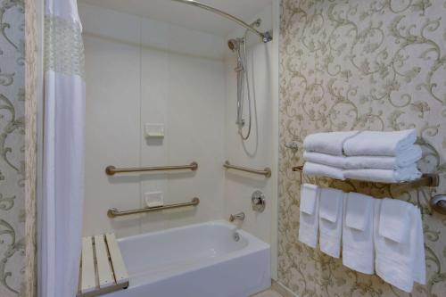 钦科蒂格Hampton Inn & Suites Chincoteague-Waterfront, Va的带浴缸、水槽和毛巾的浴室