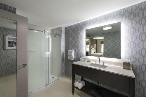 朴茨茅斯朴次茅斯市中心希尔顿欢朋酒店的一间带水槽和淋浴的浴室