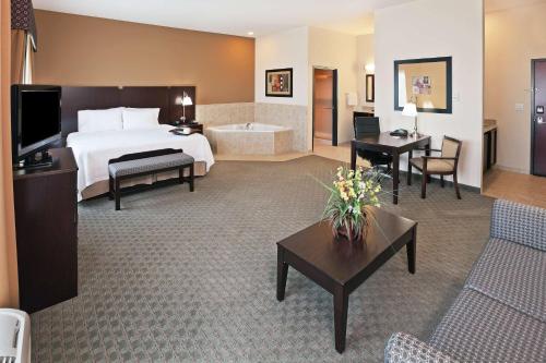 杜马杜马斯希尔顿恒庭旅馆&套房酒店的酒店客房设有床和客厅。