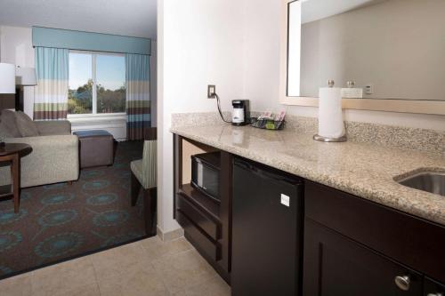 Suisun City萨斯城河岸汉普顿酒店及套房的酒店浴室设有水槽和客厅。