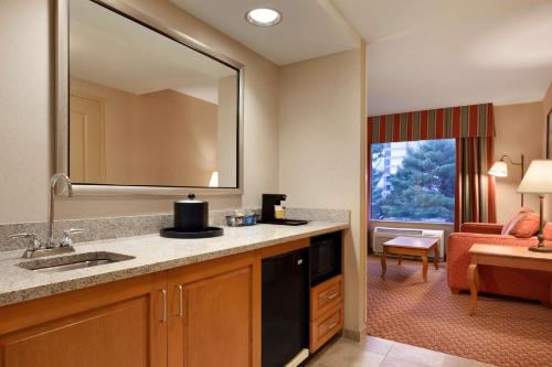 东哈特福德东哈特福德希尔顿恒庭旅馆&套房酒店的一间带水槽的浴室和一间客厅