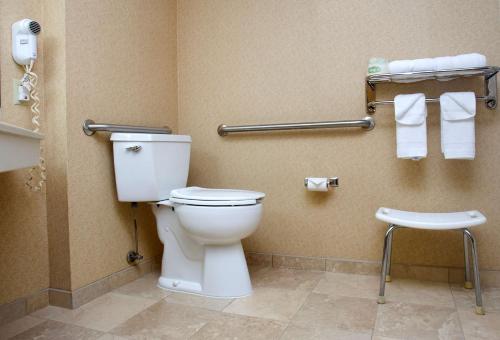 绿湾SPX Hotel Green Bay的一间带卫生间、凳子和毛巾的浴室