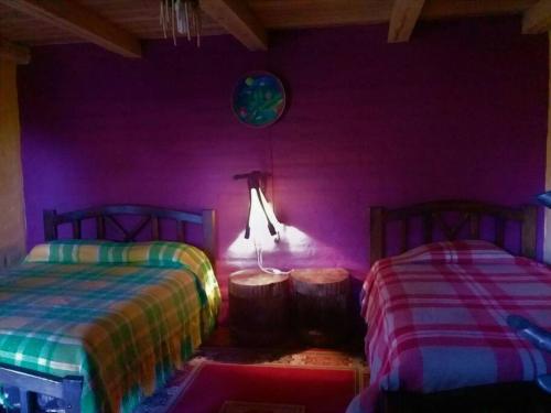 伊瓦拉Kawsay- Hospedaje y Alimentacion的一间卧室设有两张床和紫色墙壁