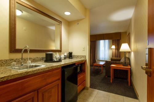 滑铁卢滑铁卢汉普顿酒店的一个带水槽的厨房和一间客厅