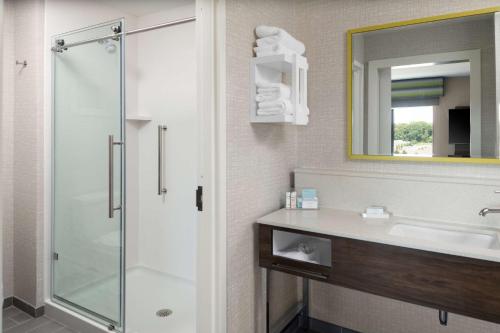 AvonHampton Inn & Suites Avon Indianapolis的带淋浴、盥洗盆和镜子的浴室