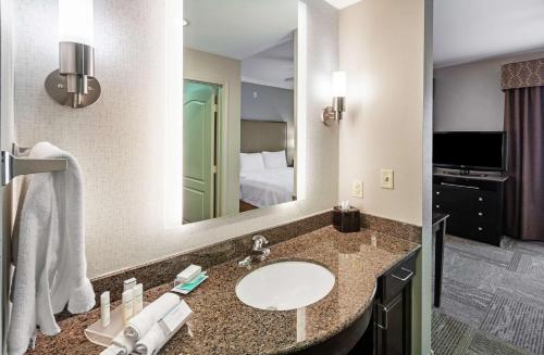 韦科希尔顿韦科霍姆伍德套房酒店的一间带水槽和大镜子的浴室