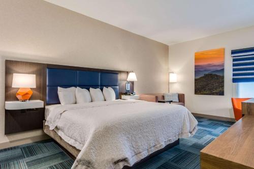 约翰逊城约翰逊城希尔顿恒庭酒店的酒店客房设有一张大床和一张书桌。