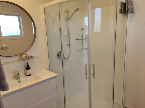 WairoaThe Ferry Hotel的带淋浴和镜子的浴室