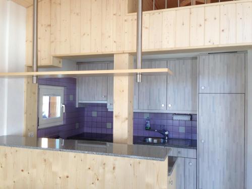 Hasliberg Wasserwendi布拉提公寓的一个带木制橱柜和水槽的厨房