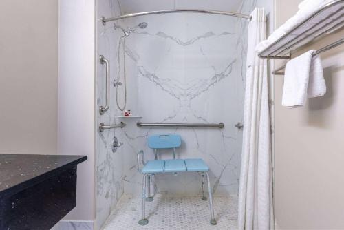 费耶特维尔Days Inn & Suites by Wyndham Fort Bragg/Cross Creek Mall的浴室内配有蓝色椅子和淋浴