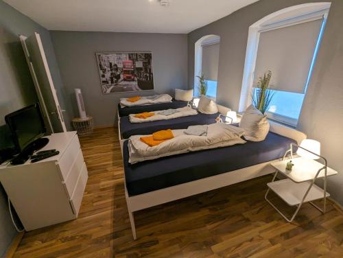 弗伦斯堡Flensburg Zentrum 50的配有书桌和电视的客房内的两张床
