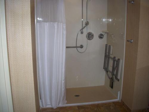 Forsyth希尔顿迪凯特赫姆伍德套房酒店 - 福赛斯的浴室内配有白色淋浴帘。