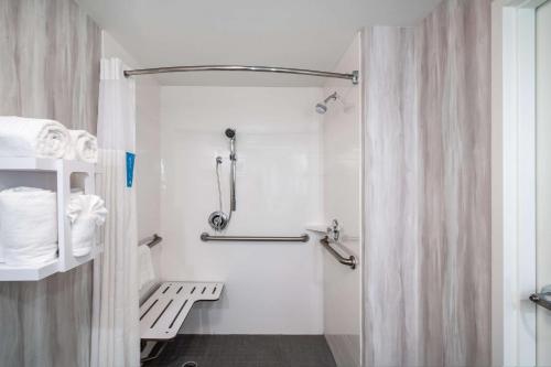 费南迪纳比奇Hampton Inn & Suites Amelia Island-Historic Harbor Front的带淋浴和浴帘的浴室