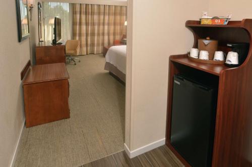 斯普林菲尔德Hampton Inn Springfield-South的酒店客房设有一间带一张床和镜子的卧室