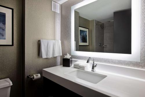 东叙拉古瑟拉丘斯希尔顿合博套房酒店的浴室设有白色水槽和镜子
