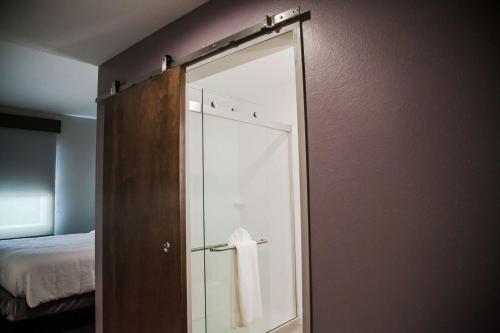 鲁兹Hilton Garden Inn Tampa Suncoast Parkway的浴室设有玻璃门和毛巾