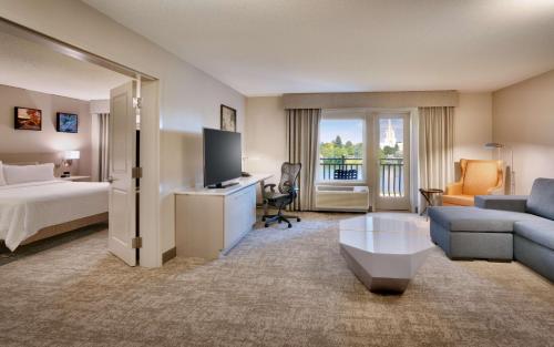 爱达荷福尔斯爱达荷瀑布希尔顿花园酒店的酒店客房设有一张沙发和一台电视机。