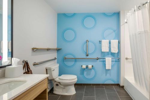史蒂文斯维尔Tru By Hilton Saint Joseph的一间带卫生间和蓝色墙壁的浴室