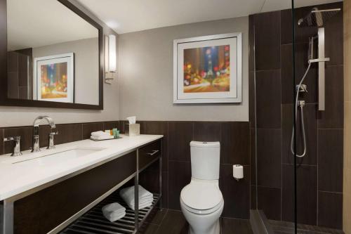 费城费城城市大道希尔顿酒店的浴室配有卫生间、盥洗盆和淋浴。