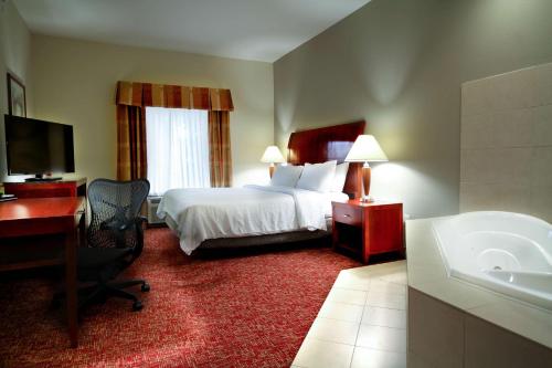 埃尔克哈特埃尔克哈特希尔顿花园酒店的酒店客房配有一张床、一张书桌和一个浴缸。