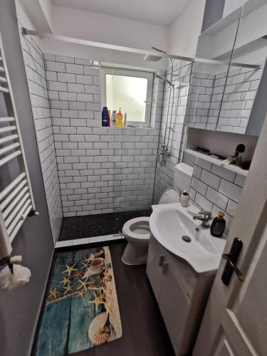 大盐矿镇Apartament Ocnele Mari的带淋浴、盥洗盆和卫生间的浴室