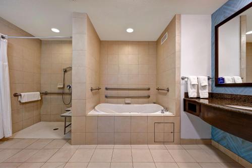 圣贝纳迪诺圣贝纳迪诺希尔顿花园酒店的带浴缸、淋浴和盥洗盆的浴室