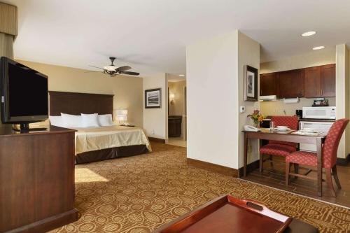 维斯塔宾厄姆顿/维斯塔希尔顿惠庭套房酒店的酒店客房设有一张床和一张带电视的书桌。