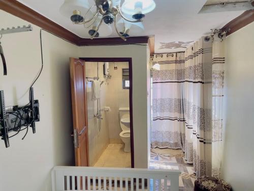 恩德培Albert Suites & Apartments Entebbe的一间带卫生间和天花板的浴室